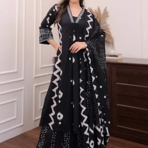 Arayna Women's Cotton Block Printed Kurta Set with Palazzo Pants & Dupatta, Black