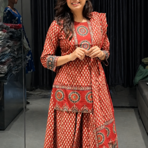 Anarkali Cotton Ajrakh Printed Suit, Stitched